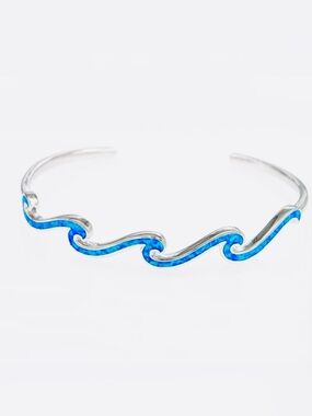 Genuine Blue Opal Multi Layered Wave Open Cuff Bracelet Sterling Silver